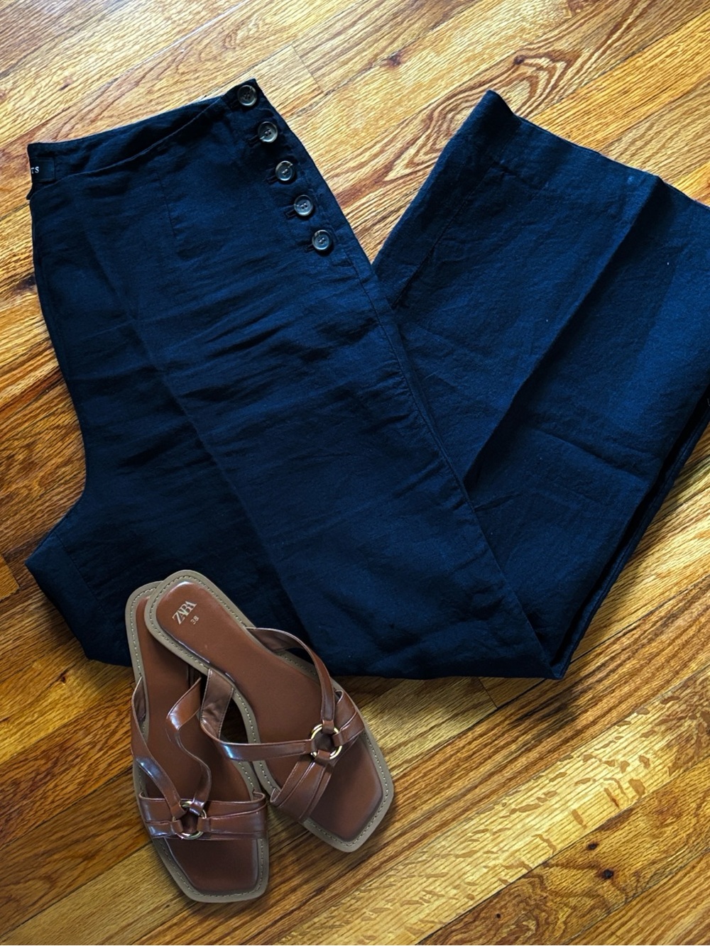 EUC Linen Black Side Button Wide-Leg Pants- Talbots